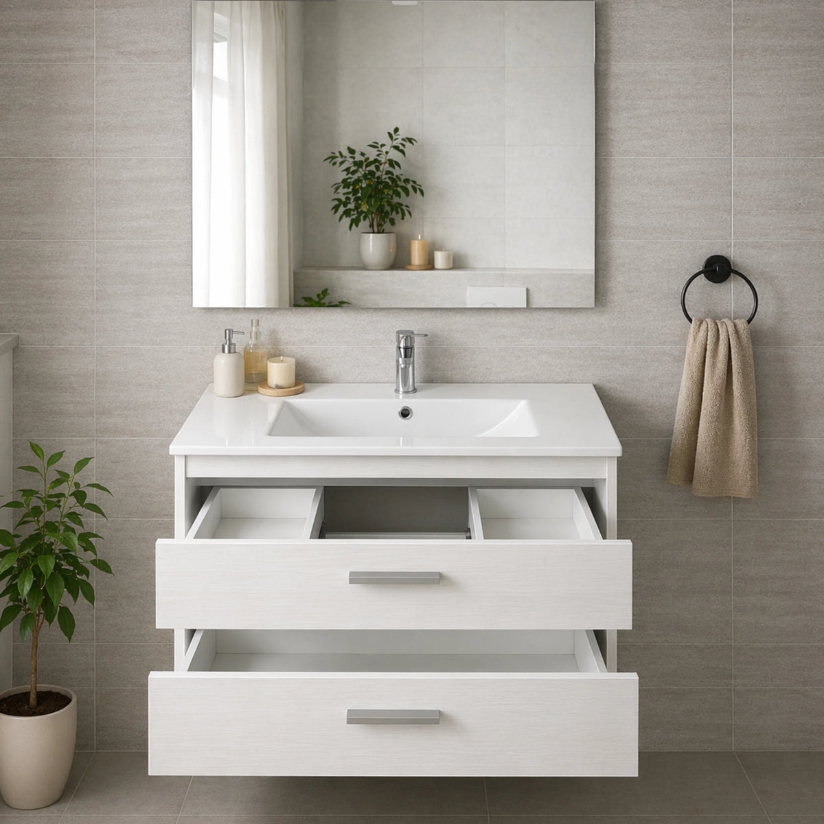 Mobile bagno sospeso bianco nordico con 2 cassetti, specchio e illuminazione LED - Alice