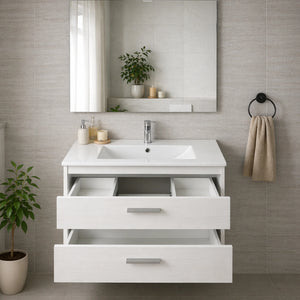 Mobile bagno sospeso bianco nordico con 2 cassetti, specchio e illuminazione LED - Alice