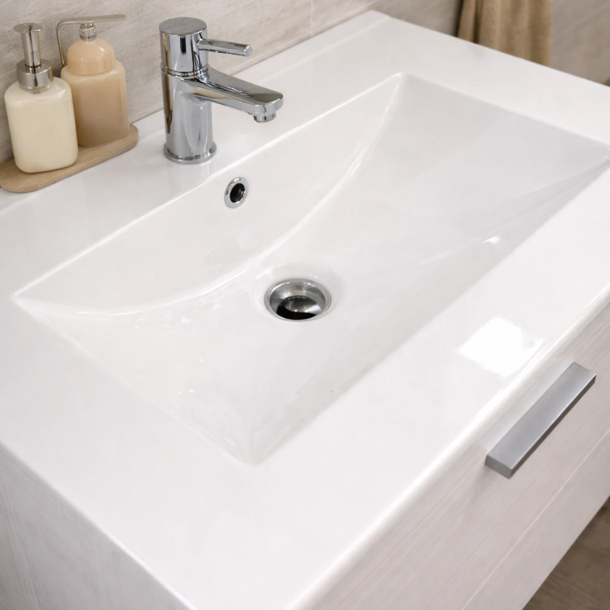 Mobile bagno sospeso bianco nordico con 2 cassetti, specchio e illuminazione LED - Alice