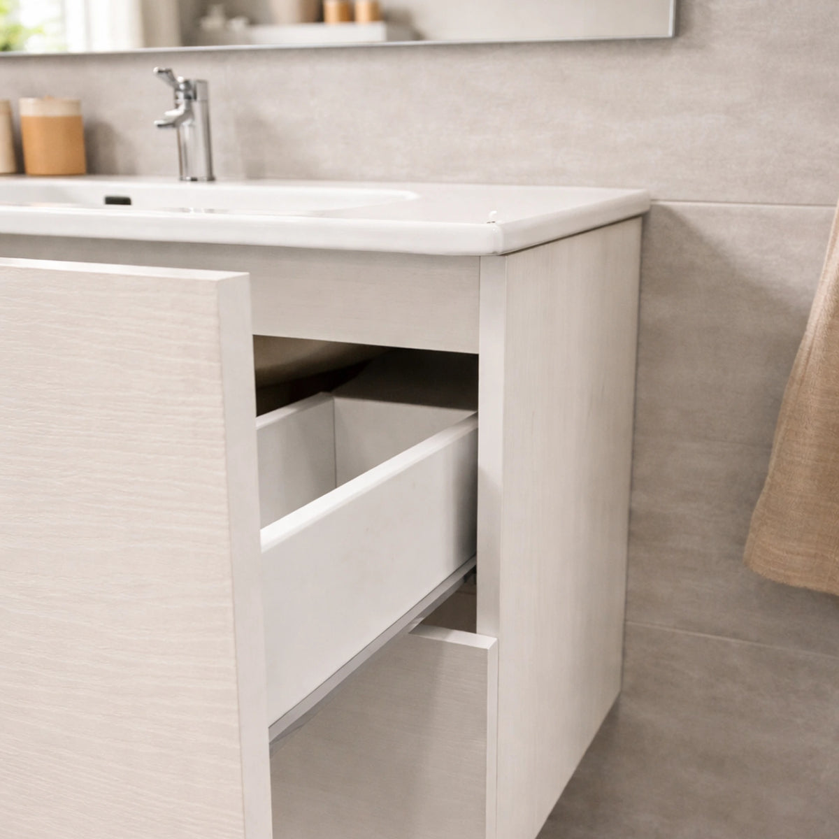 Mobile bagno sospeso bianco nordico con 2 cassetti, specchio e illuminazione LED - Alice