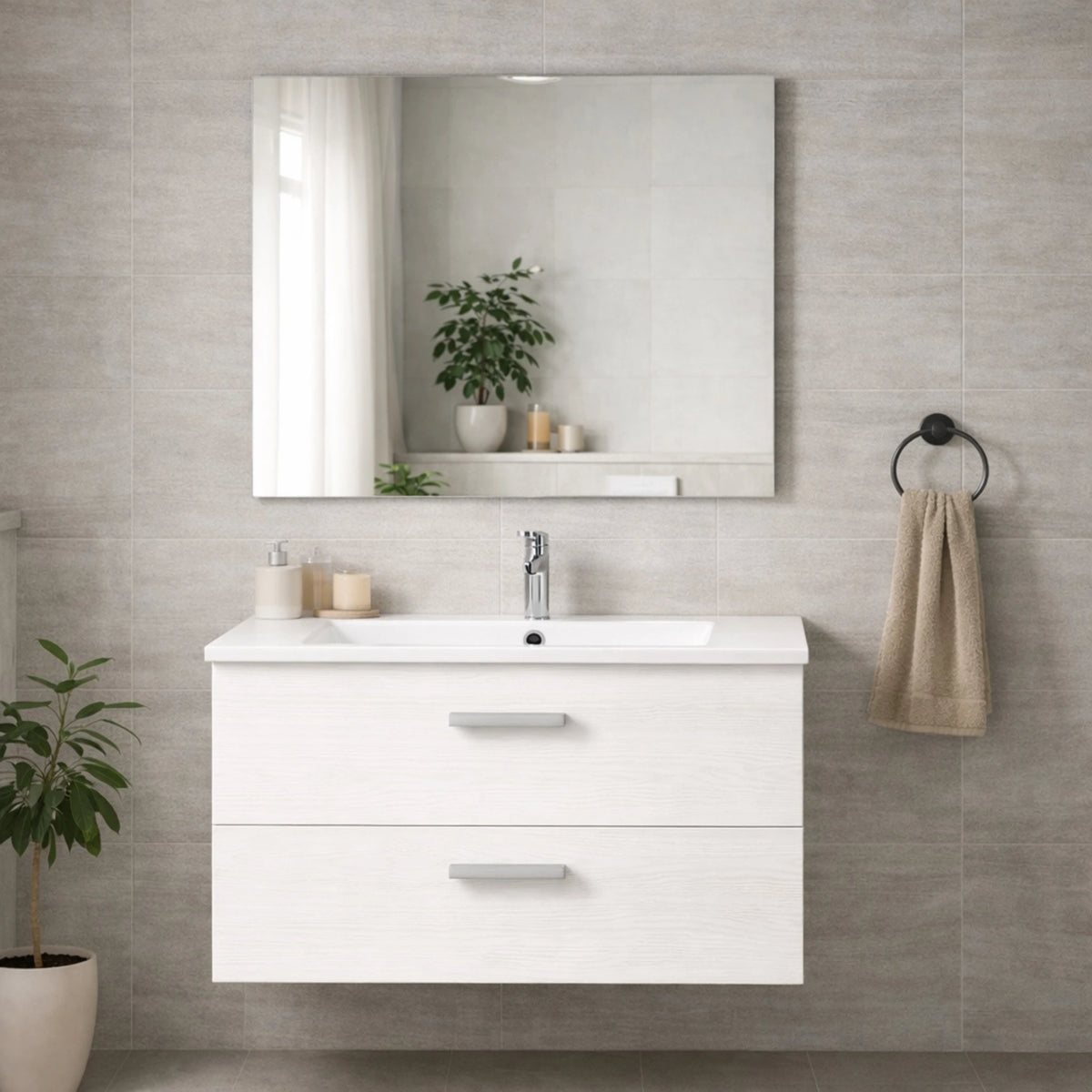 Mobile bagno sospeso bianco nordico con 2 cassetti, specchio e illuminazione LED - Alice