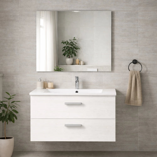 Mobile bagno sospeso bianco nordico con 2 cassetti, specchio e illuminazione LED - Alice