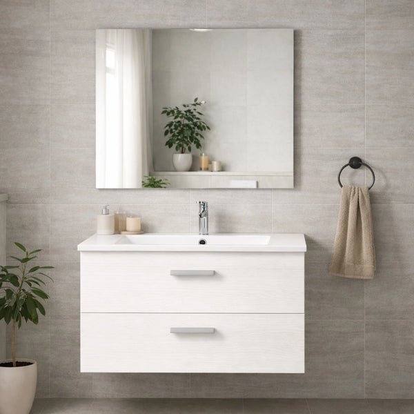 Mobile bagno sospeso bianco nordico con 2 cassetti, specchio e illuminazione LED - Alice