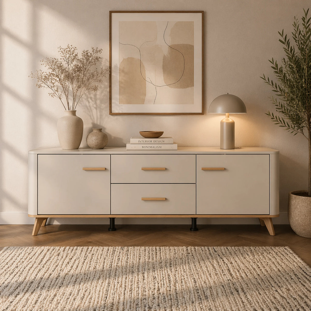 Mobile porta TV cashmere e rovere artigianale con 2 ante e 2 cassetti per soggiorno moderno - DARWEN 154