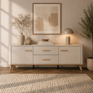 Mobile porta TV cashmere e rovere artigianale con 2 ante e 2 cassetti per soggiorno moderno - DARWEN 154