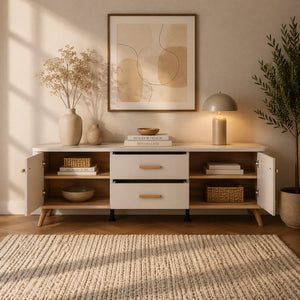 Mobile porta TV cashmere e rovere artigianale con 2 ante e 2 cassetti per soggiorno moderno - DARWEN 154