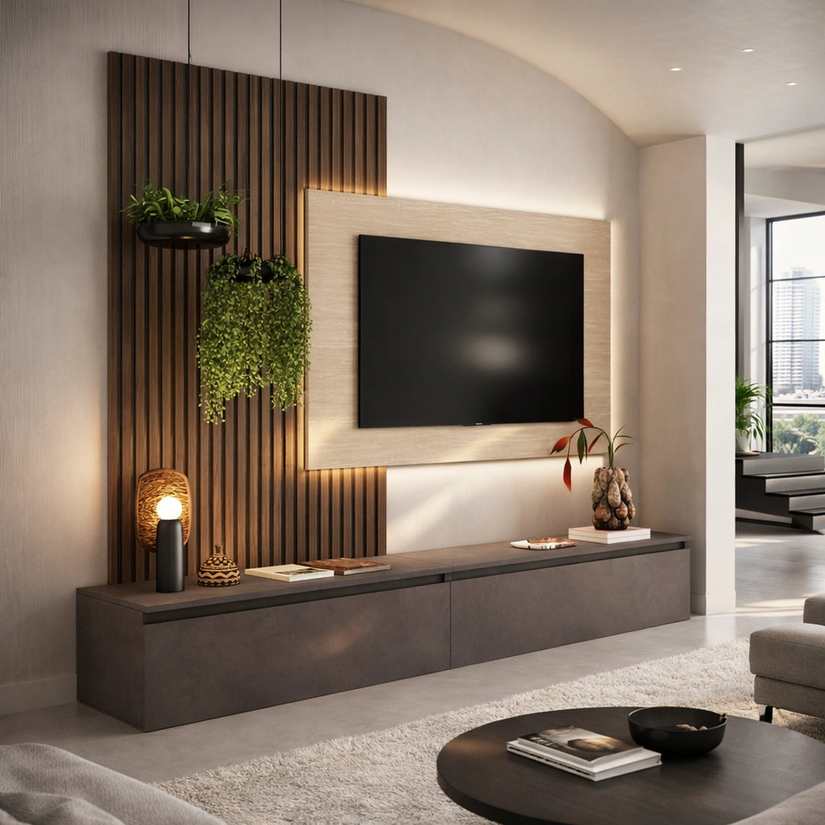 Parete soggiorno bronzo, mercure dogato e travertino con basi TV, pannelli dogati e supporto TV - Infinity 19.0