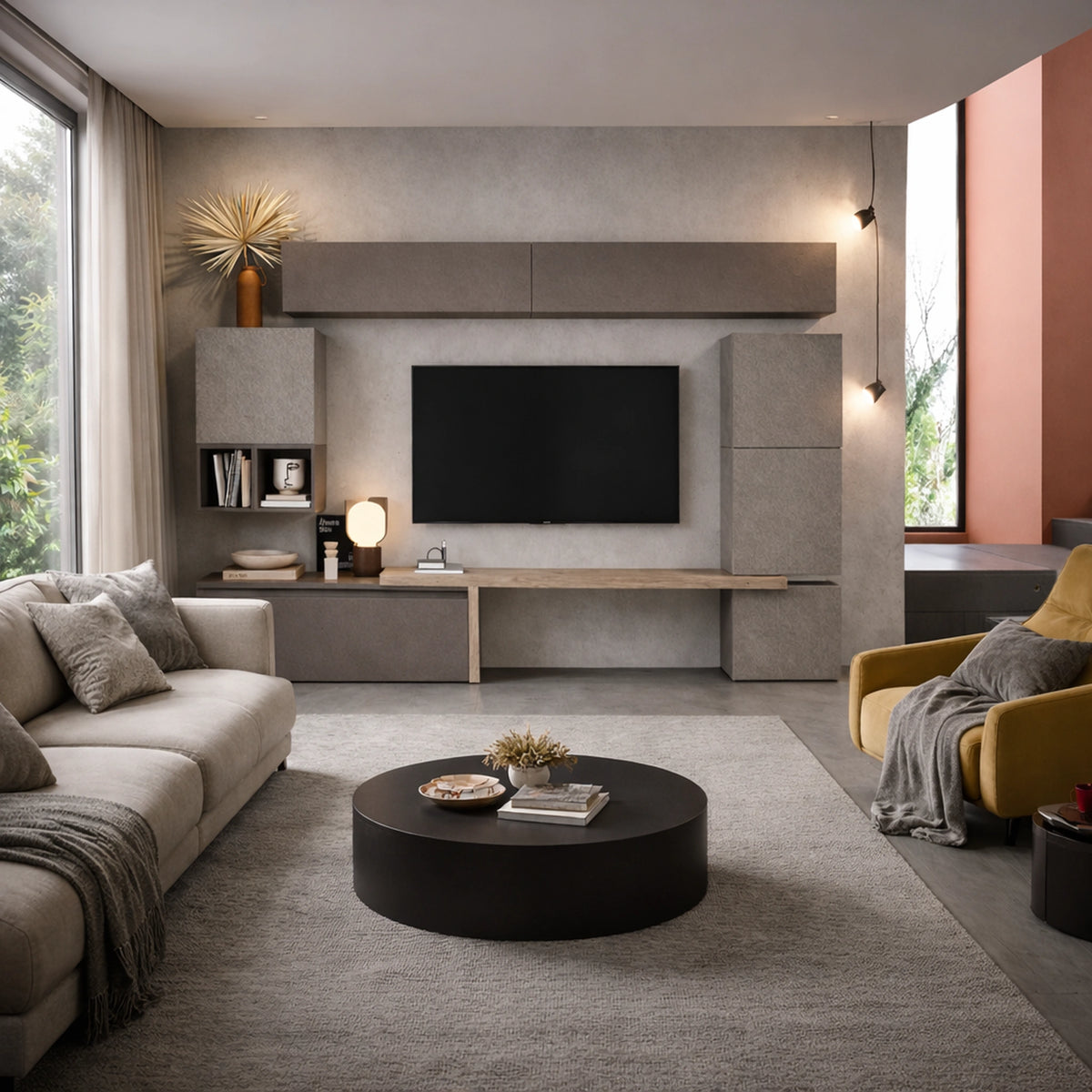 Parete soggiorno argilla, bronzo e cadiz con base TV, mensolone, cubotto,pensili e vani a giorno - Infinity 25.0