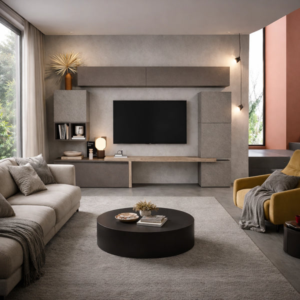 Parete soggiorno argilla, bronzo e cadiz con base TV, mensolone, cubotto,pensili e vani a giorno - Infinity 25.0