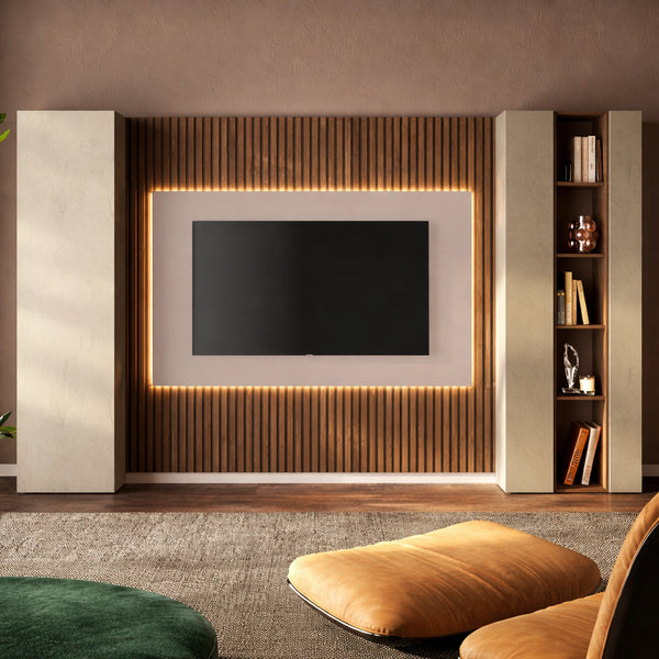 Parete soggiorno argilla, cashmere e mercure con pannelli, colonne, vano a giorno e supporto TV - Infinity 21.0