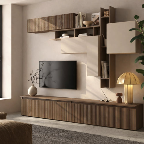 Parete soggiorno bronzo, cashmere e mercure cannettato con base TV, mensole e pensili - Infinity 15.0