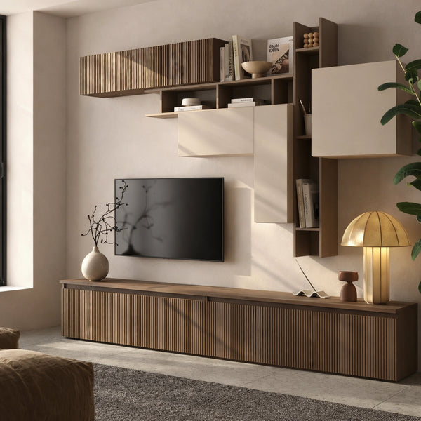 Parete soggiorno bronzo, cashmere e mercure cannettato con base TV, mensole e pensili - Infinity 15.0