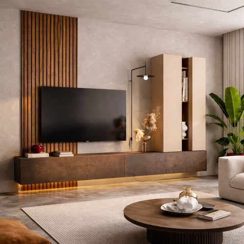 Parete soggiorno bronzo, cashmere e mercure con pannello dogato, basi TV, modulo e mensola - Infinity 22.0