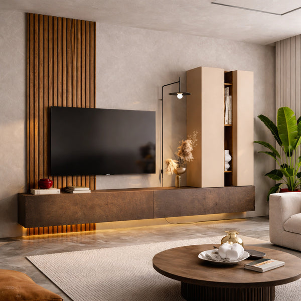 Parete soggiorno bronzo, cashmere e mercure con pannello dogato, basi TV, modulo e mensola - Infinity 22.0