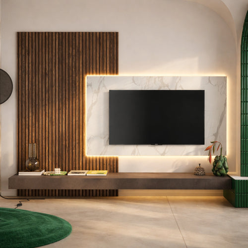Parete soggiorno bronzo, marmo bianco e mercure dogato con pannelli, mensoloni e supporto TV - Infinity 20.0