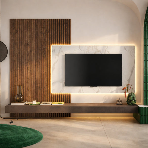 Parete soggiorno bronzo, marmo bianco e mercure dogato con pannelli, mensoloni e supporto TV - Infinity 20.0