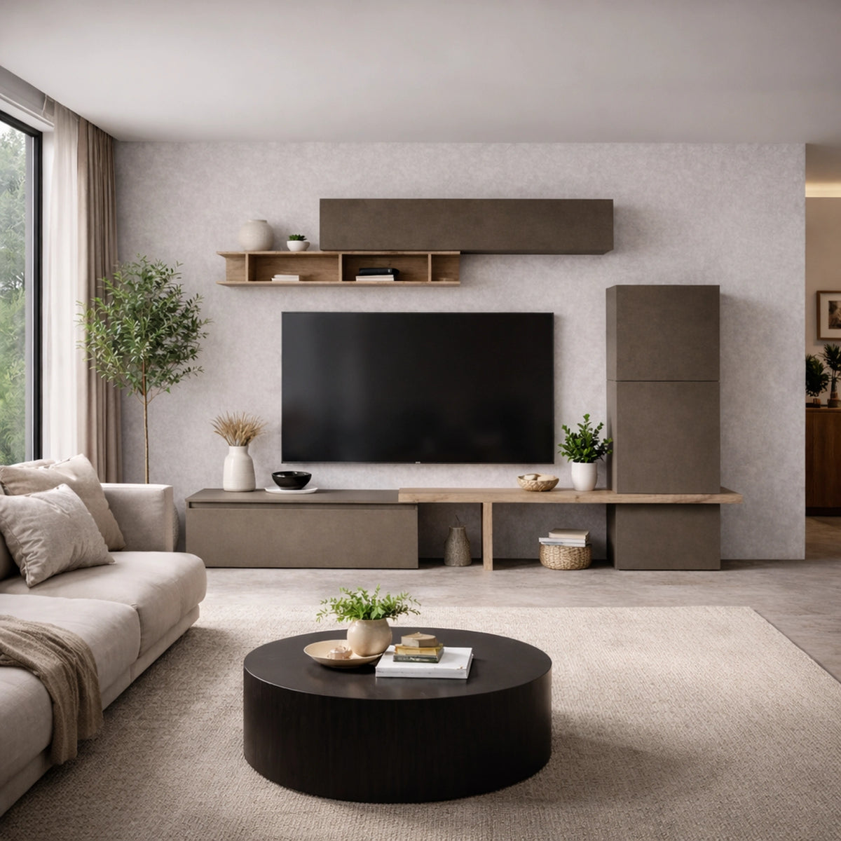 Parete soggiorno bronzo e cadiz con base TV, mensolone, cubotto, elementi appesi e mensola - Infinity 24.0