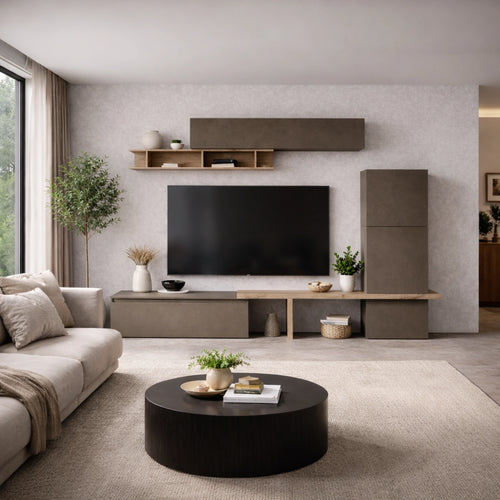 Parete soggiorno bronzo e cadiz con base TV, mensolone, cubotto, elementi appesi e mensola - Infinity 24.0
