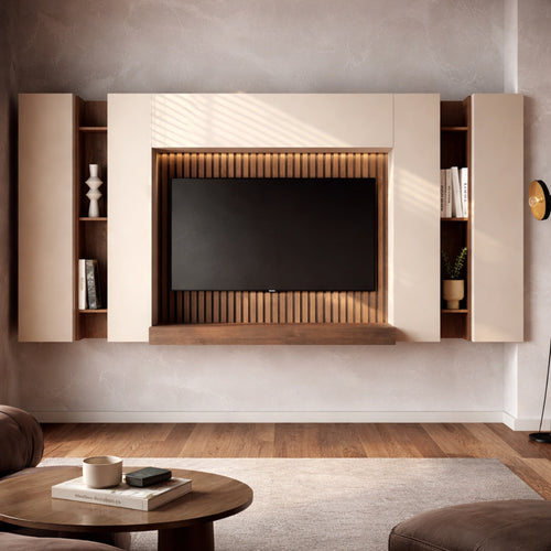 Parete soggiorno cashmere e mercure dogato con boiserie, mensola, moduli verticali e vani a giorno - Infinity 18.0