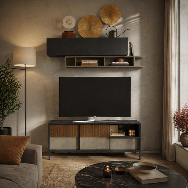 Lowboard 2 ante e 1 cassetto in finitura Lava, Argilla e Rovere Mercure con guide Eco Soft per soggiorno moderno - Everest