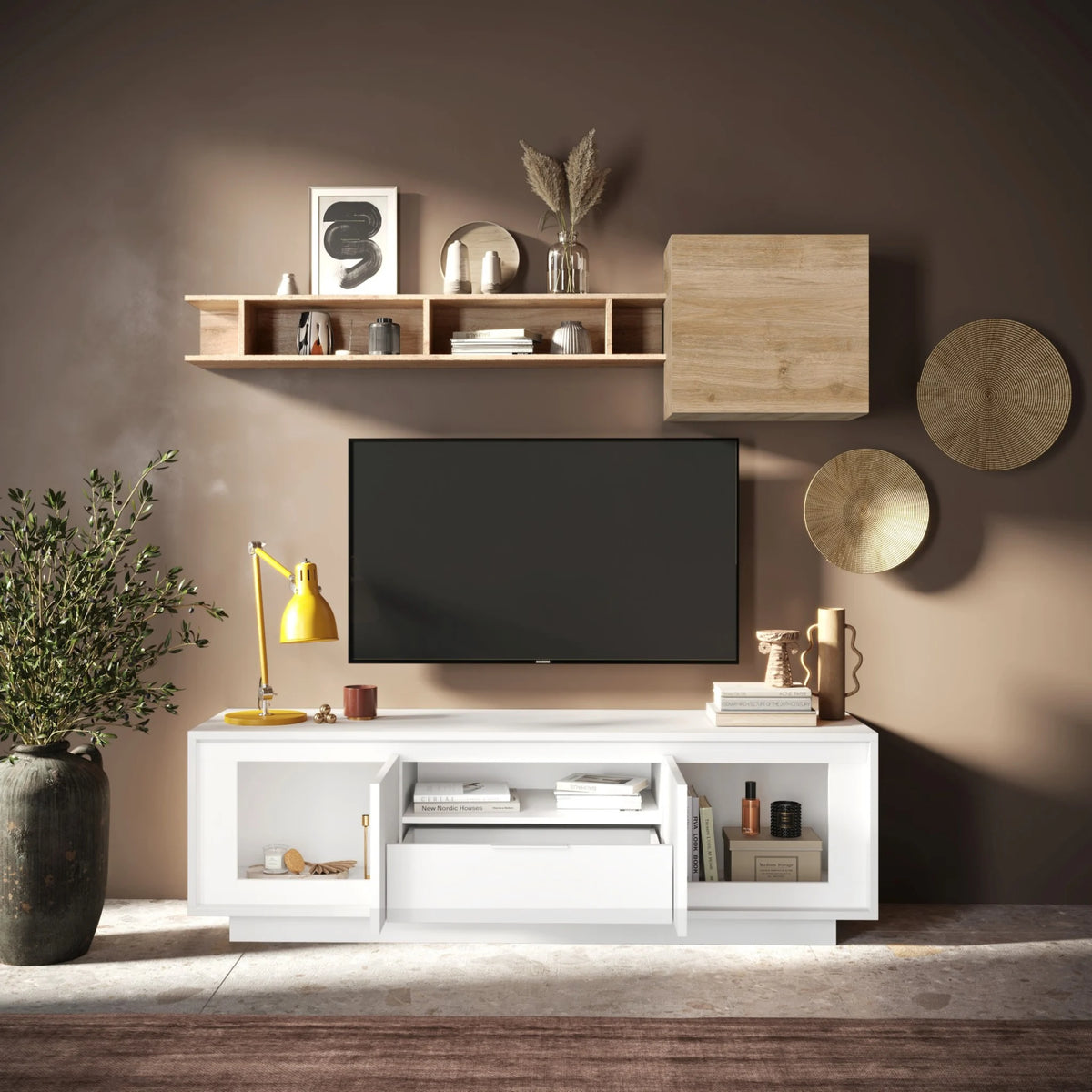 Porta TV moderno 2 ante e 1 cassetto bianco opaco con guide Eco Soft e struttura spessore 22 mm per soggiorno - Sky 2.0