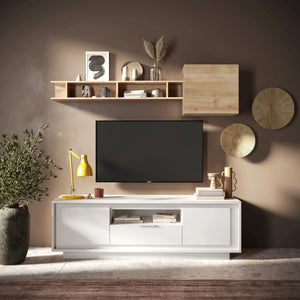 Porta TV moderno 2 ante e 1 cassetto bianco opaco con guide Eco Soft e struttura spessore 22 mm per soggiorno - Sky 2.0