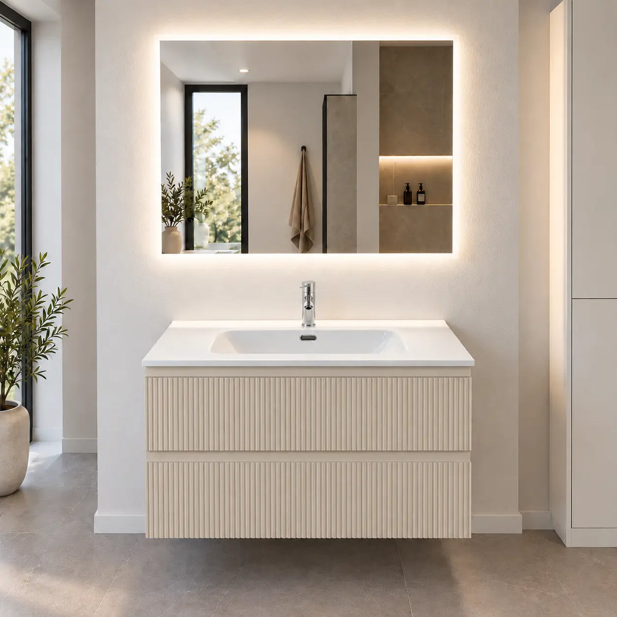 Composizione bagno sospesa con 2 cassetti e specchio LED, bianco opaco o sabbia - LINE