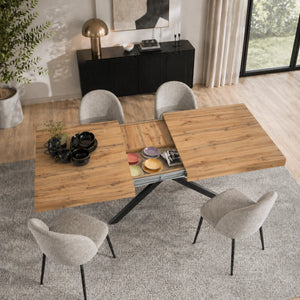 Tavolo allungabile con cassetto interno in rovere naturale e gambe incrociate nere per cucina e soggiorno - Mida