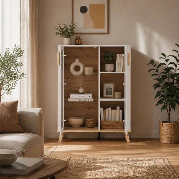 Vetrina soggiorno cashmere e rovere naturale con anta vetrata per zona living moderna - DARWEN