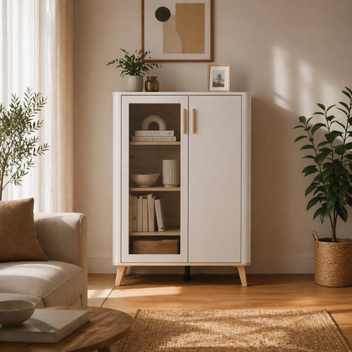 Vetrina soggiorno cashmere e rovere naturale con anta vetrata per zona living moderna - DARWEN