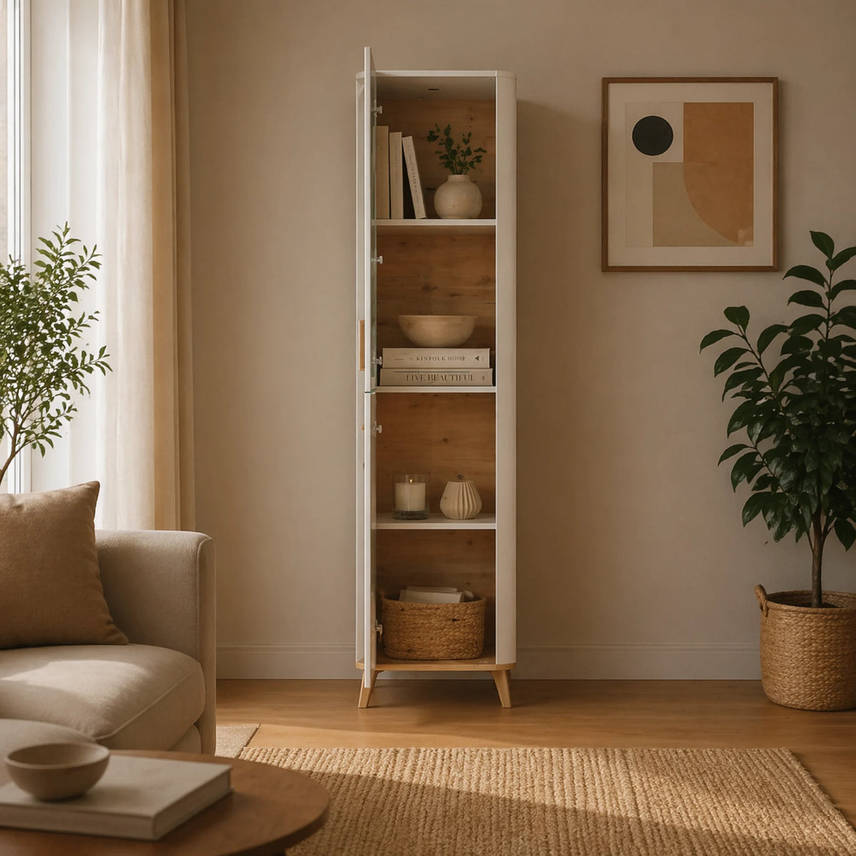 Vetrina soggiorno cashmere e rovere naturale con anta vetrata per soggiorno - DARWEN