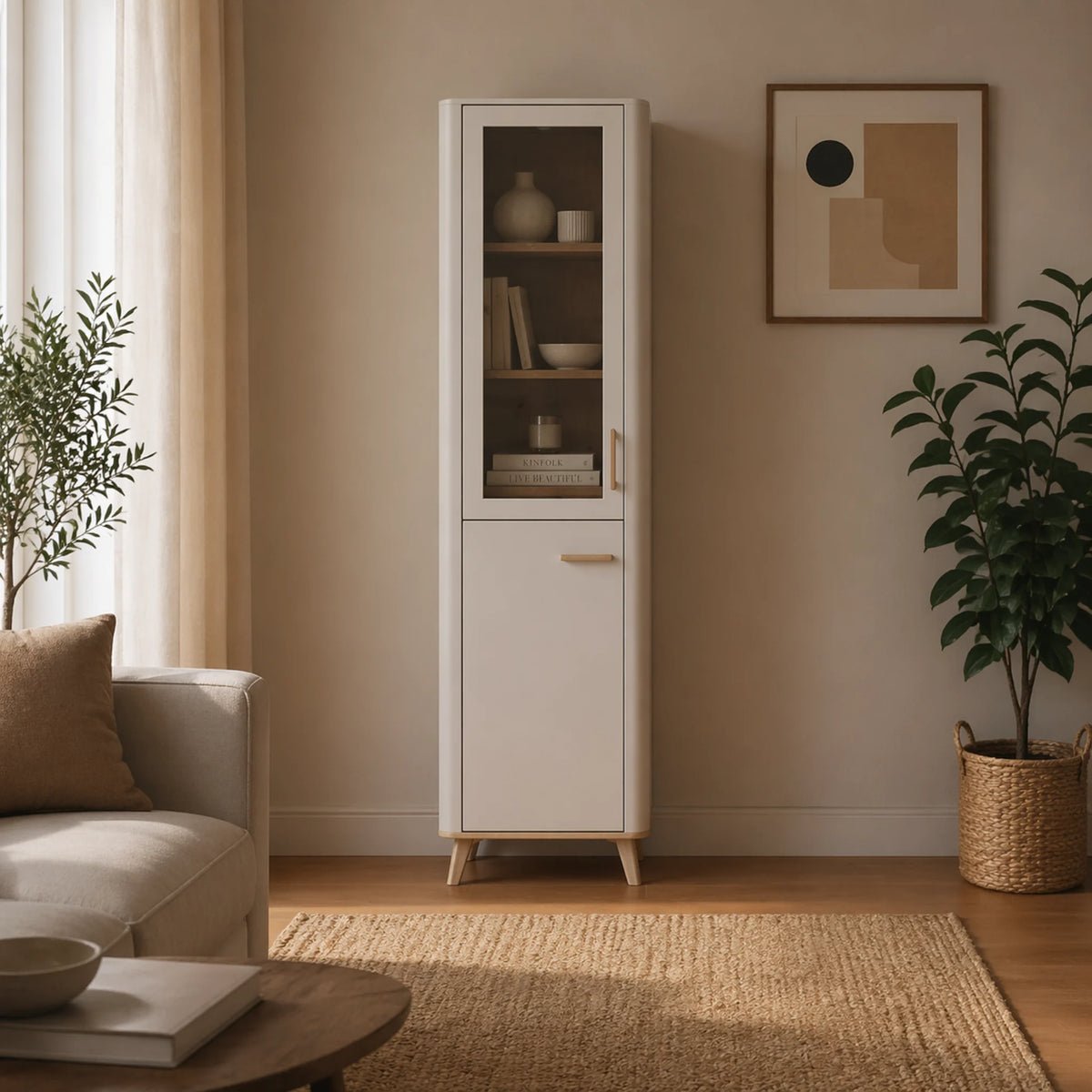 Vetrina soggiorno cashmere e rovere naturale con anta vetrata per soggiorno - DARWEN