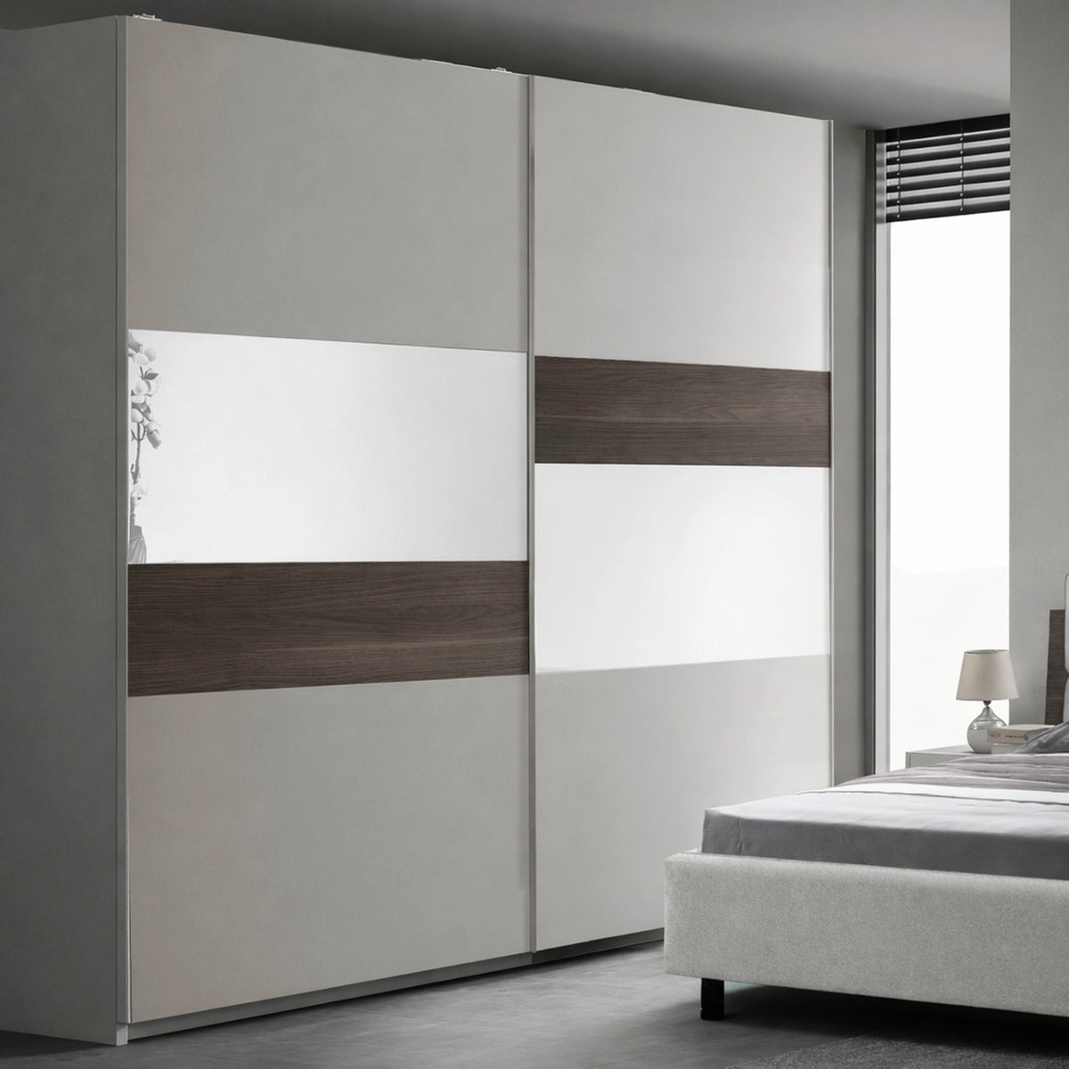 Camera da letto completa con armadio 2 ante scorrevoli, letto matrimoniale, comò, comodini e specchiera - Kaela