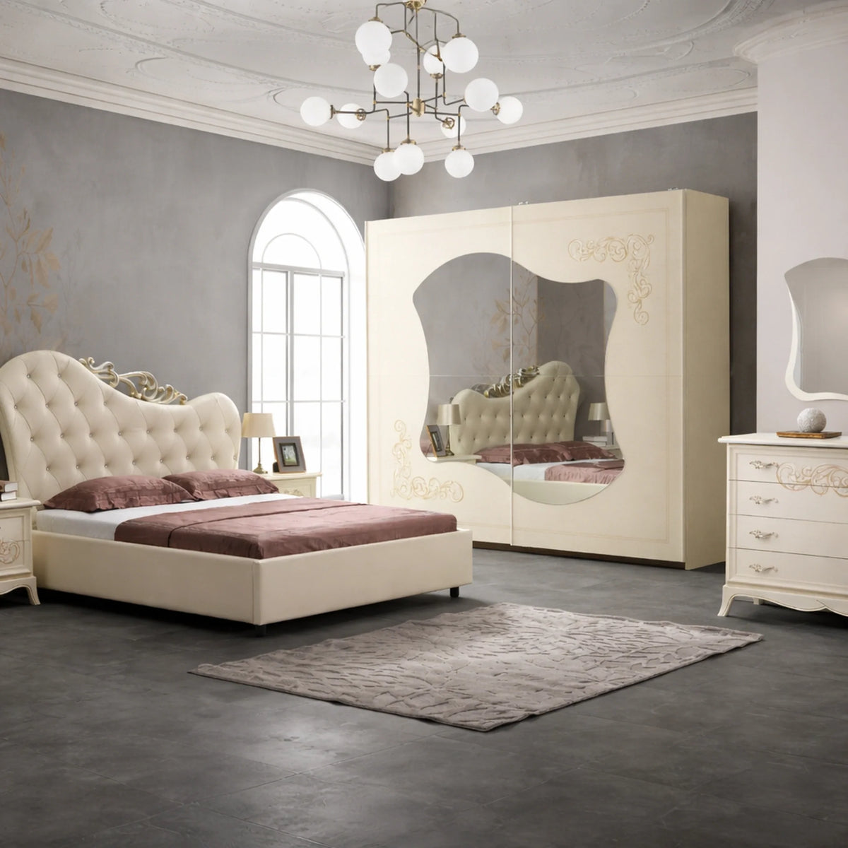 Camera da letto completa con armadio scorrevole, letto matrimoniale, comò, comodini e specchiera - Giulietta