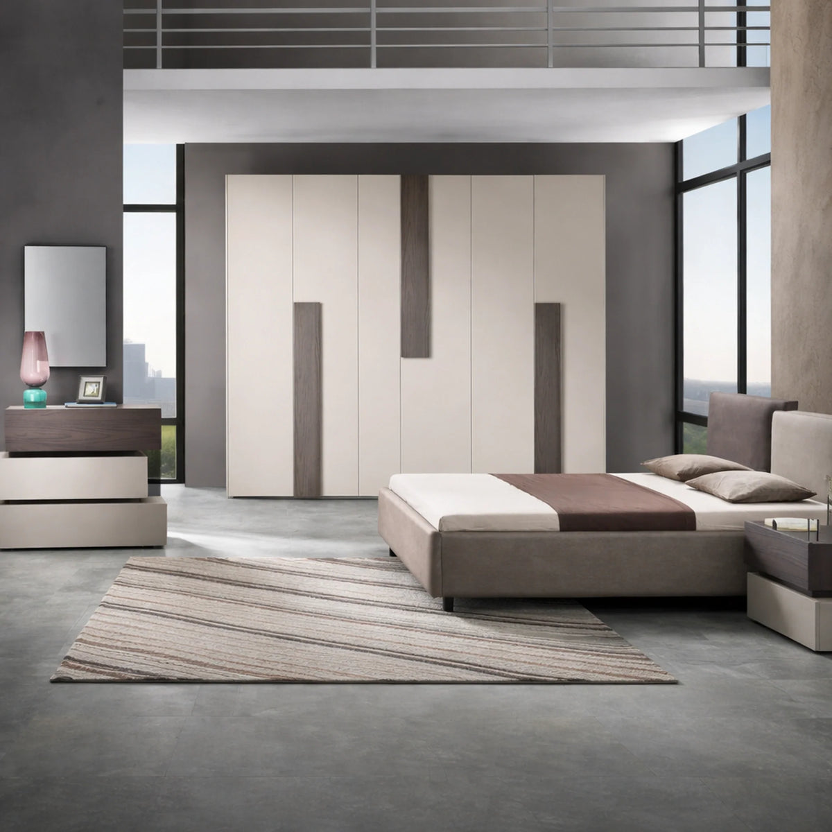 Camera da letto completa con armadio, letto matrimoniale, comò, comodini, specchiera e versione sfalsata - Kendra