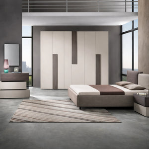 Camera da letto completa con armadio, letto matrimoniale, comò, comodini, specchiera e versione sfalsata - Kendra