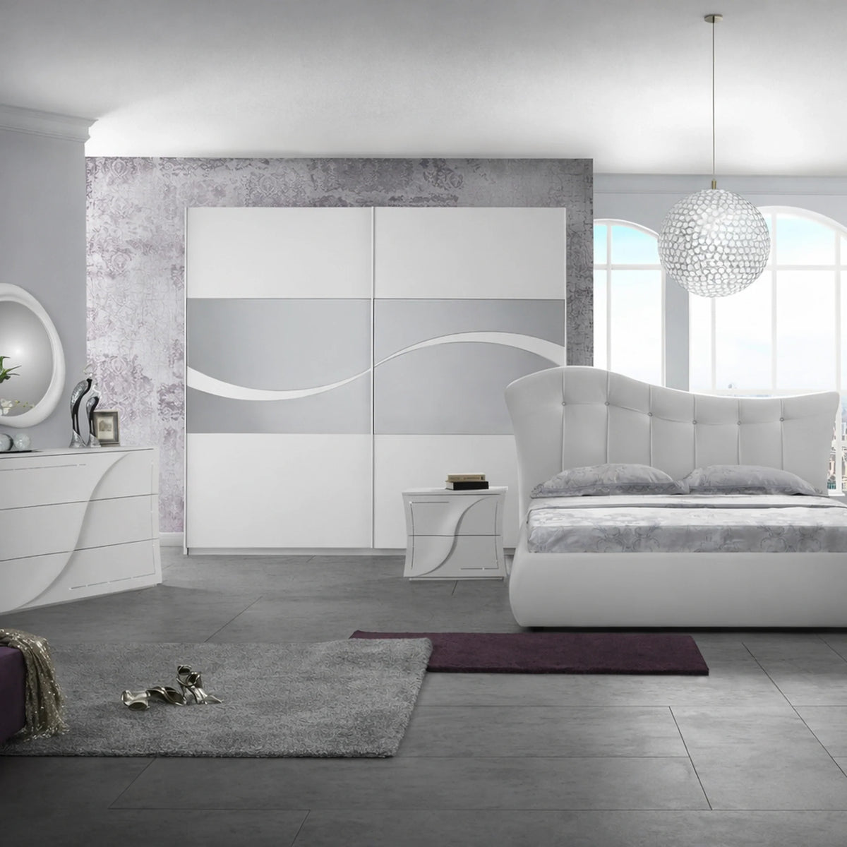 Camera da letto completa con armadio scorrevole, letto matrimoniale, comò, comodini e specchiera - Mabel