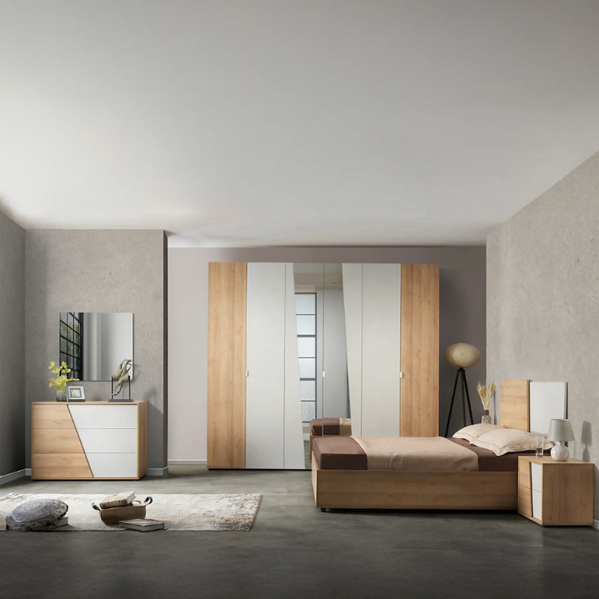 Camera da letto completa rovere chiaro e calce con armadio 6 ante, letto, comò, comodini e specchiera - MIA