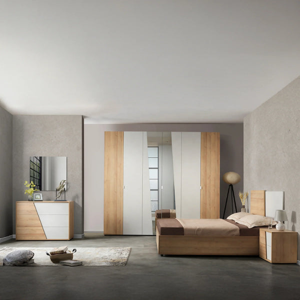 Camera da letto completa rovere chiaro e calce con armadio 6 ante, letto, comò, comodini e specchiera - MIA