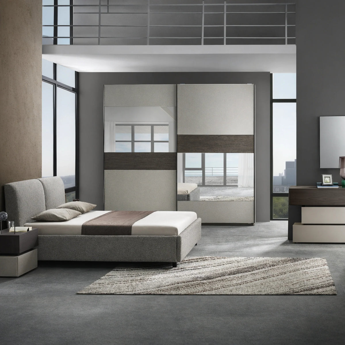 Camera da letto completa con armadio 2 ante scorrevoli, letto matrimoniale, comò, comodini e specchiera - Kendra