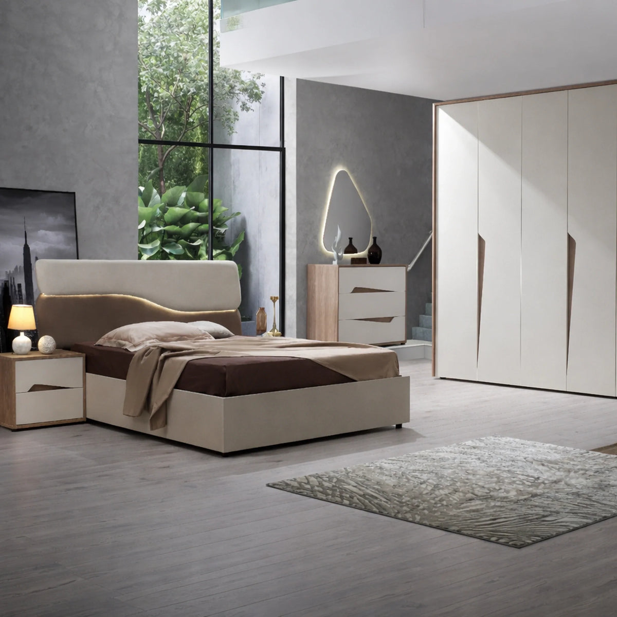 Camera da letto completa con armadio, letto matrimoniale, comò, comodini e specchiera - Soleil