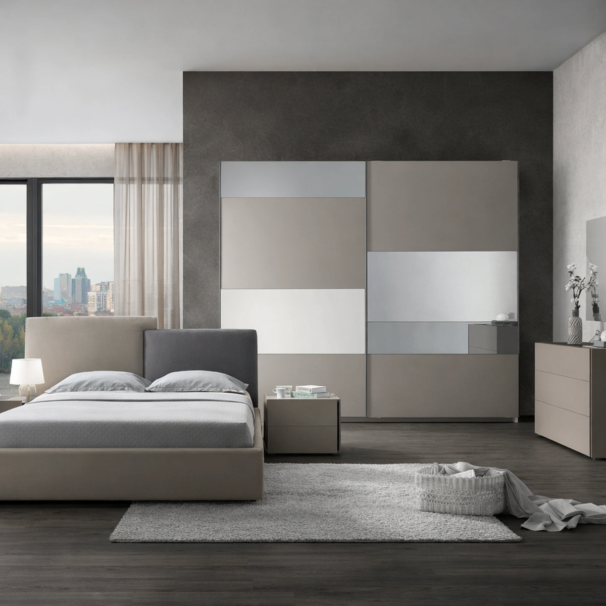 Camera da letto completa con armadio 2 ante scorrevoli, letto matrimoniale, comò, comodini e specchiera - Nicole