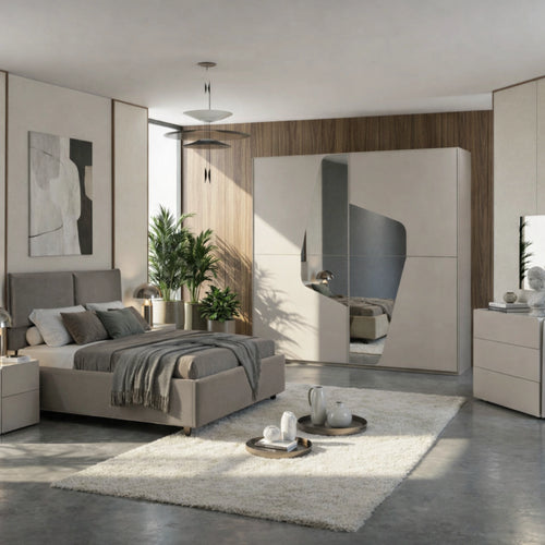 Camera da letto completa con armadio 2 ante scorrevoli, letto matrimoniale, comò, comodini e specchiera - Nuvia
