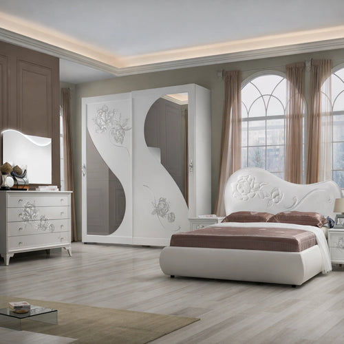 Camera da letto completa con armadio, letto matrimoniale, comò, comodini e specchiera - Rebecca