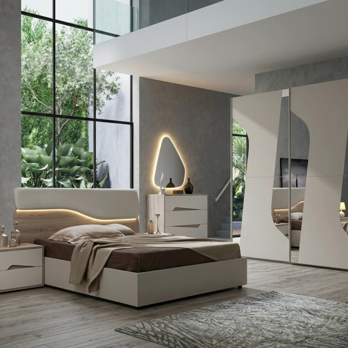 Camera da letto completa con armadio 2 ante scorrevoli, letto matrimoniale, comò, comodini e specchiera - Soleil 2.0