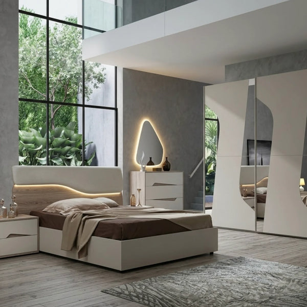 Camera da letto completa con armadio 2 ante scorrevoli, letto matrimoniale, comò, comodini e specchiera - Soleil 2.0