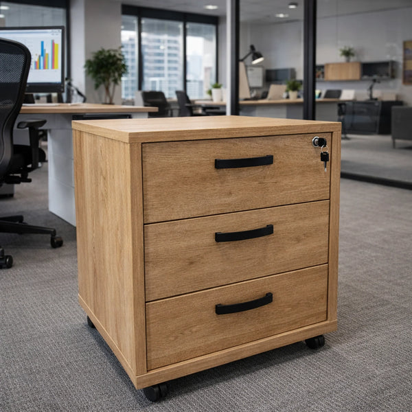 Cassettiera su rotelle con 3 cassetti in rovere chiaro con serratura - CAP 1BS
