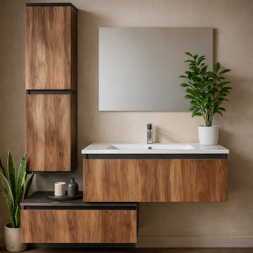 Composizione bagno completa con colonna 2 ante, specchio e base con cestone in finitura Ossido e Bengala - FLY 80