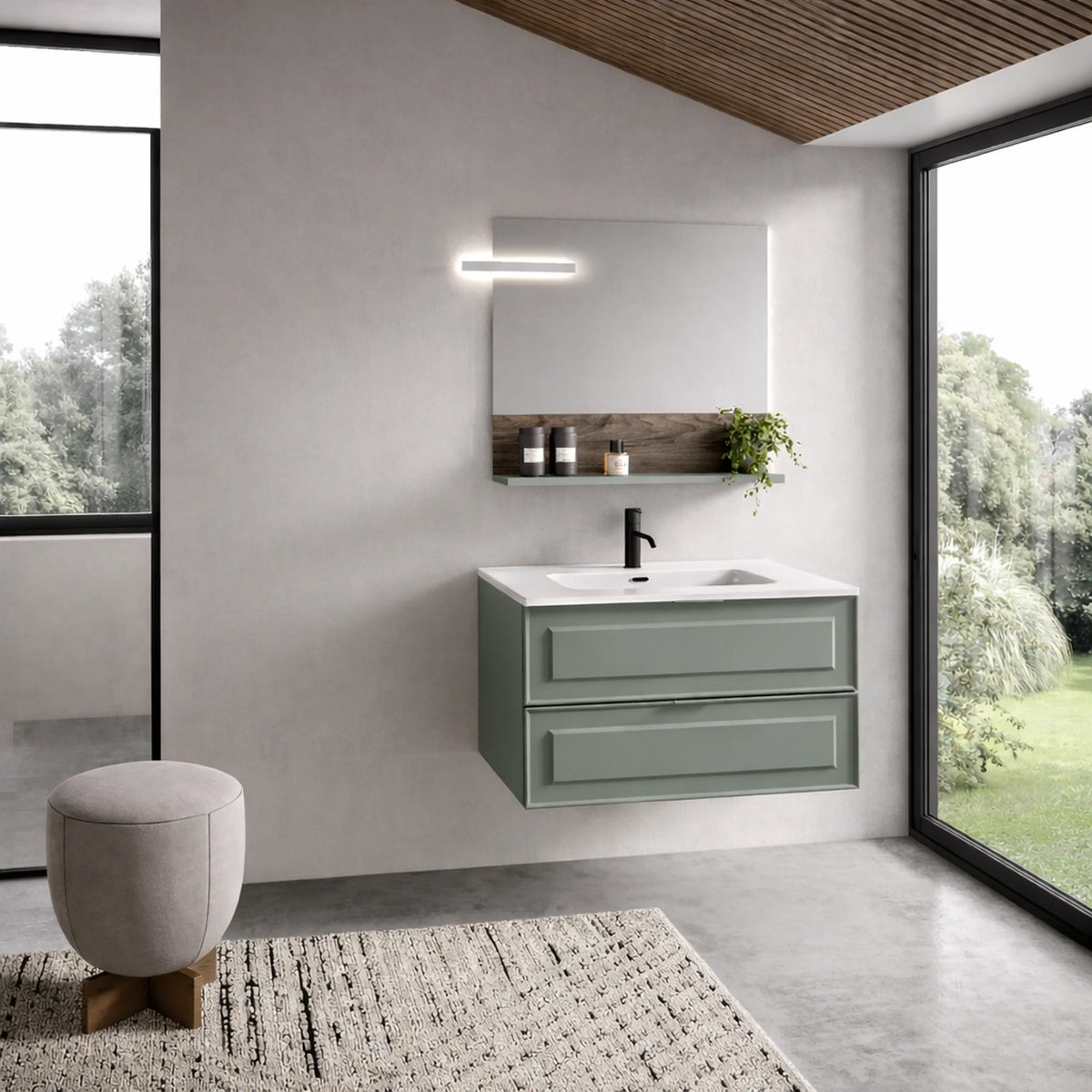 Mobile bagno sospeso 80 cm con frontale bugnato, finitura Salvia Opaco - FRAME