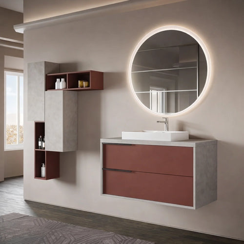 Mobile bagno sospeso 100 cm con lavabo semintegrato in ceramica e finiture ruggine opaco e grigio spatolato - ISIDE
